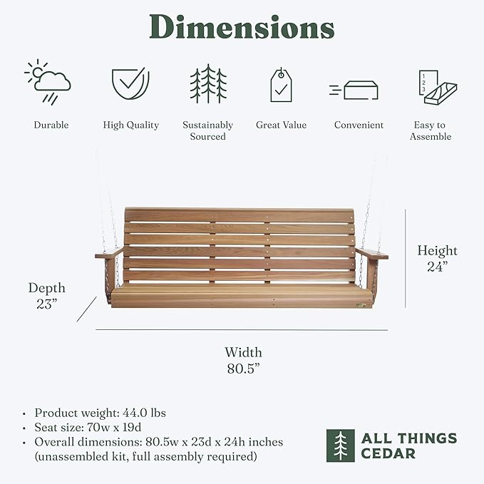 All Things Cedar Wooden Porch Swing, Outdoor Patio Furniture, 6 Foot, Natural