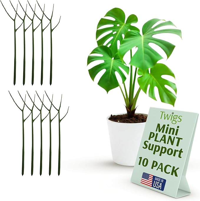 Mini Twigs Plant Support Stakes for Small Plants, Indoor & Outdoor Use, Gardening Supplies, Garden Accessories, Trellis & Ring Alternative - Monstera (Dark Green), 10 Pack, 12" L