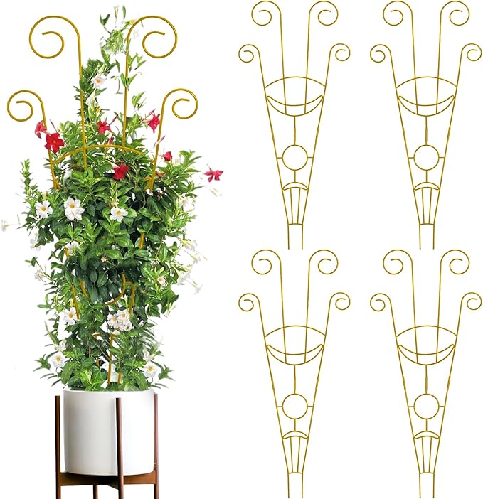 ZOUTOG Trellis for Climbing Plants Indoor 4 Pack 30 Inch,Rustproof Metal Garden Trellis for Potted Plants,Sturdy Houseplant Support Indoor Outdoor for Ivy Pothos Monstera Hoya Flower Vine(Golden Moon)