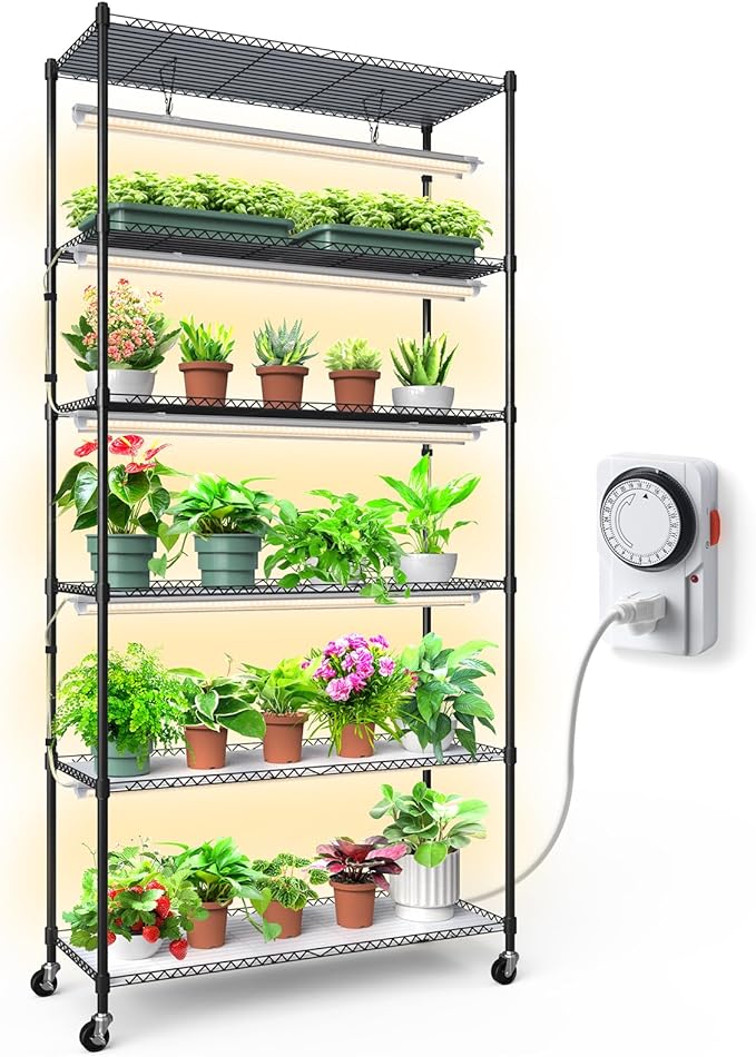 Barrina CX6 Plant Stand with Grow Lights, 3FT T8 30W(Per Light) Full Spectrum Yellow LED Plant Lights, Indoor Plant Shelf for Multiple Plants with On/Off Timer Socket, 6-Tier 35.4"x13.8"x70.9"