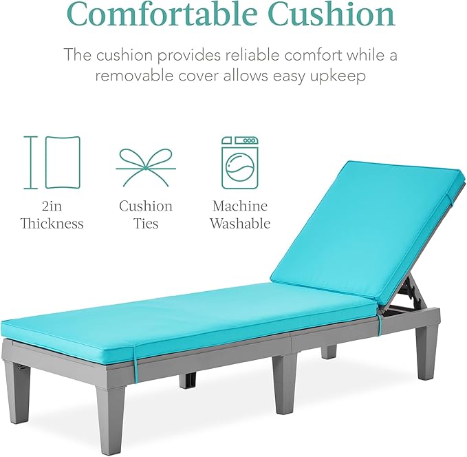 Best Choice Products Outdoor Lounge Chair, Resin Patio Chaise Lounger for Poolside, Backyard, Porch w/Seat Cushion, Adjustable Backrest, 5 Positions, 330lb Capacity - Gray/Teal