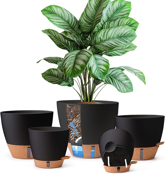 T4U 5 Pack Self Watering Pots (6"+8"+9"+10"+12") - Water Level Indicator & Deep Reservoir, Mess-Free Planters for Busy People, Beginners & Gardeners, Fit Most Plants, Indoor Outdoor Use (Black)