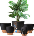 T4U 5 Pack Self Watering Pots (6"+8"+9"+10"+12") - Water Level Indicator & Deep Reservoir, Mess-Free Planters for Busy People, Beginners & Gardeners, Fit Most Plants, Indoor Outdoor Use (Black)