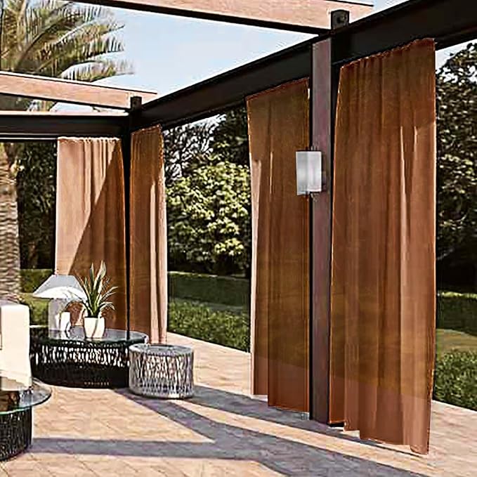 SpaceDresser Waterproof Outdoor Sheer Curtains for Patio - 4 Panels Rod Pocket Indoor Voile Sheer Curtain for Living Room,52W x 108L inch, Brown