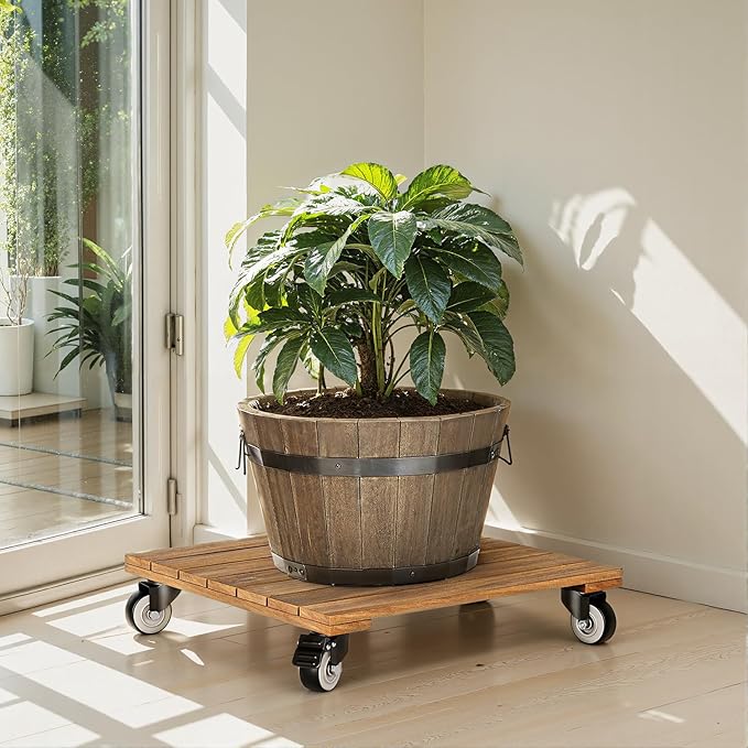 Idzo 2-Pack 14 Inch Wood Plant Caddy with Wheels Heavy Duty, 264 lbs Acacia Hardwood Plant Caster Dolly Rolling Stand with 360° Lockable Wheels for Heavy Plant Pots and Outdoor Use