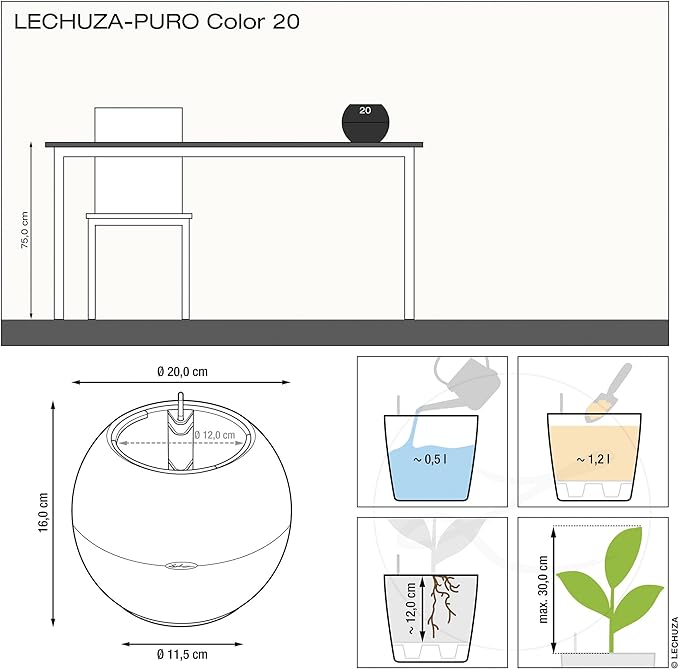 Lechuza Puro Color 20 Slate, Self-Watering Small Indoor Planter, D7.9 H6.3 in