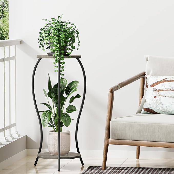 Plant Stand Indoor, 2 Tier Round Tall Plant Stand, Flower Pot Stand, Plant Shelf Rack, Corner Plant Stand for Planter Garden Balcony Patio Living Room (Grey-Wood, 2 Tier)