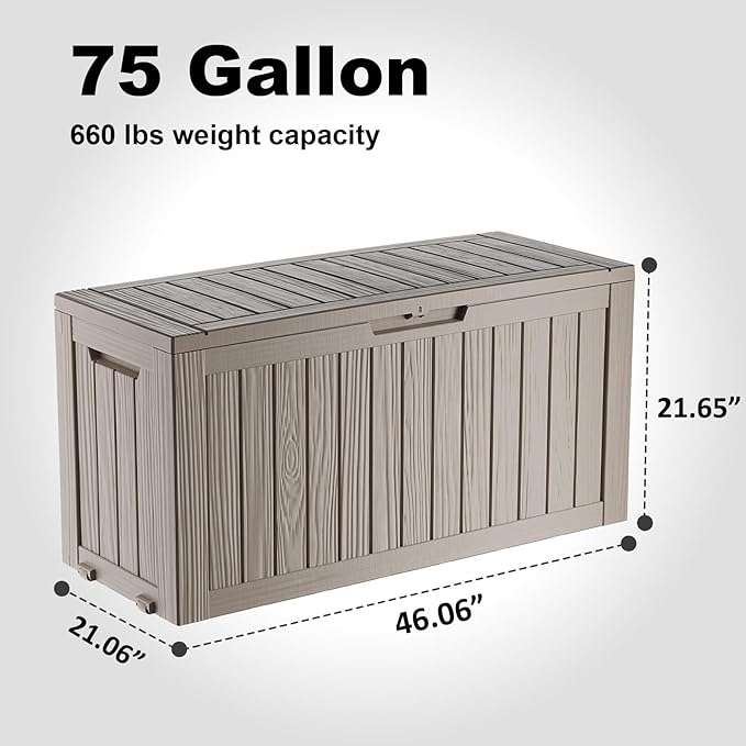 DRATO 75 Gallon Deck Box, Waterproof Resin Large Outdoor Storgae Box for Patio Furniture, Patio Cushions, Gardening Tools, Pool Supplies, Lockable（Gray，75 Gallon）