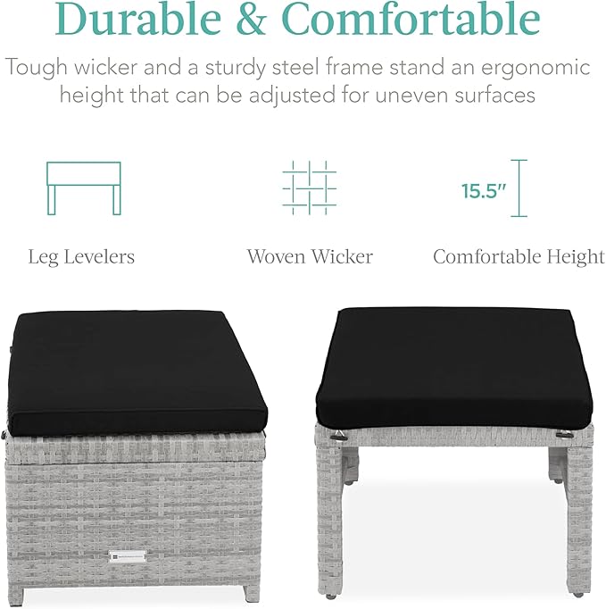 Best Choice Products Set of 2 Wicker Ottomans, Multipurpose Outdoor Furniture for Patio, Backyard, Additional Seating, Footrest, Side Table w/Removable Cushions, Steel Frame - Gray/Black