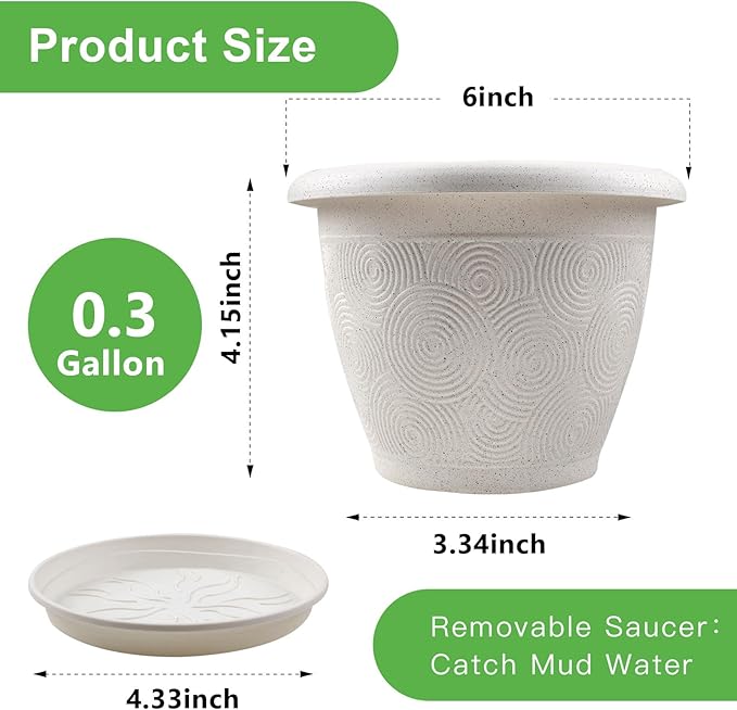 6 Inch Flower Pots Planters for Indoor Outdoor Plants, 6 Pack Plastic Small Plant Pots with Drainage Hole & Tray, Modern Decorative Garden Pot with Saucer, Plant Container for House