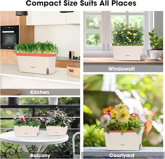 VIVOSUN Self-Watering Planters, 8-Pack 10.5 Inch Compact Rectangular Window Herb Planter Box with 10 PCS Plant Labels, Plant Container for Basil, Flowers, Succulents, Indoor & Outdoor