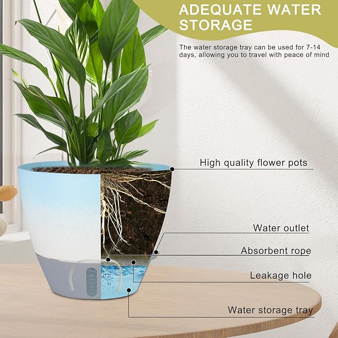 4-Piece Planter Set, 12/10/9/8-inch Self-Watering Pots with Drainage Holes, Deep Trays, Water Level Indicators, Suitable for Plants (12/10/9/8-inch, White Gradient Design)