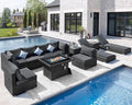 NICESOUL 11 Piece Patio Furniture Set with Fire Pit Natural Gas/Propane, 29.3'' High Back Outdoor Sectional with Lounger & Fire Pit, Large Deep Rattan Sofa Set for Garden Backyard, Gray