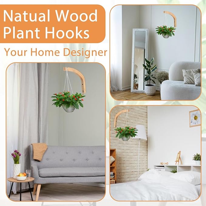 Wooden Wall Hooks for Plants - 8 Inch Indoor Plant Hangers, 2 Pack Decorative Wood Wall Hooks for Hanging Planters, Lanterns, Wind Chimes & Garden Decor (Natural Wood, Heavy Duty)