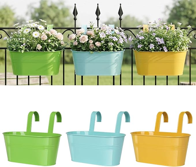 Railing planter box - 3 Pack Metal Hanging Flower Pots with Detachable Hooks & Drainage Holes, Window Oval Bucket Fence Hanging Planters for Outdoor Plants Garden Balcony Home Decor, Green Orange Blue