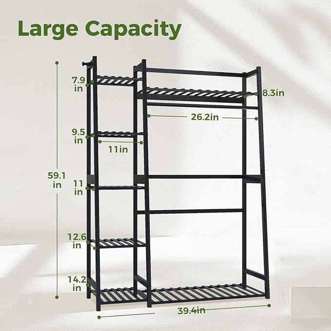 Bamworld Plant Shelf Indoor 55" Tall Bamboo Plant Shelves 5 Tier Hanging Plant Stand Large Ladder Shelf Flower Stand Plant Holder Plant Rack for Garden Balcony Home Decor Living Room Bedroom Black