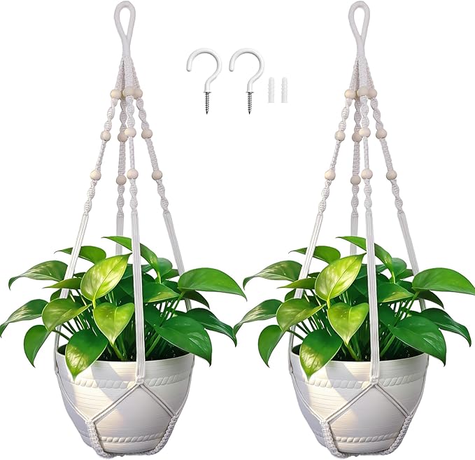Macrame Plant Hanger, Up to 4-15 inch Pots, Wood Beads Cotton Hanging Planter Holder for Indoor Outdoor Boho Home Decor, 35 Inch, Set of 2 (Ivory)