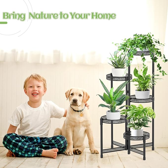 iDavosic.ly Plant Stand Indoor Outdoor, 5 Tier Corner Metal Flower Display Holder Shelf, Easy Assembly Folding Tall Orchid Rack for Patio Balcony Porch Garden Living Room House, Wrought Iron - Modern Black