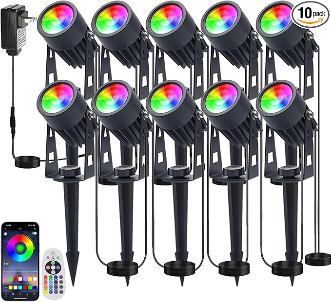 Smart RGB Low Voltage LED Spotlights, APP & Remote Control,Synchronous Dimming Lighting System, IP65 Waterproof,16 Million Colors for Outdoor Landscape,Yard,Garden,Holiday Decoration (10 Pack)