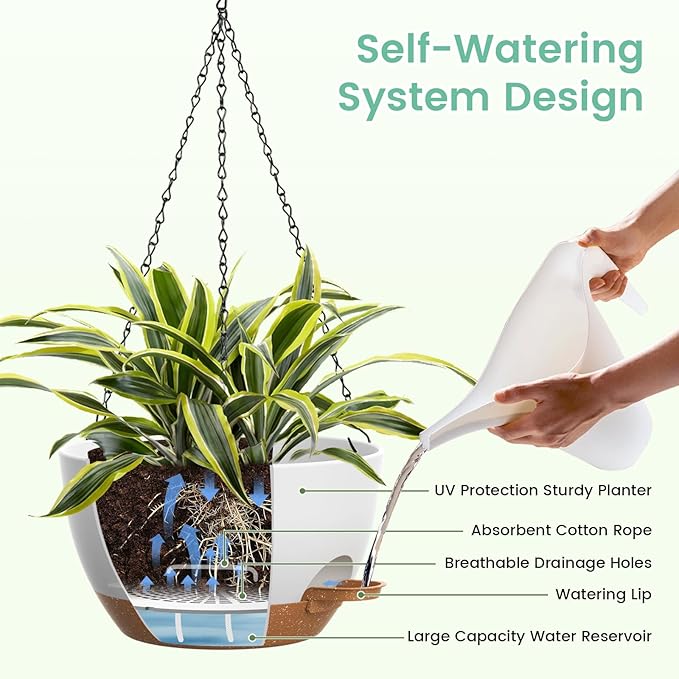 Set of 3-10 Inch Self Watering Hanging Planters for Indoor Outdoor，Hanging Plant Pots with Drainage & Removable Tray, Hanging Pots Holder for Pothos Plant, Ferns, Balcony & Patio,White with Brown
