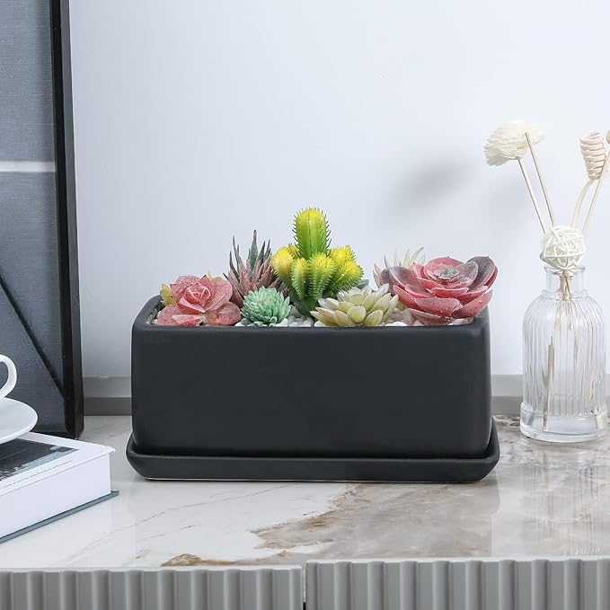 MyGift 10 Inch Matte Black Ceramic Indoor Plant Pot Succulent Planter, Decorative Flower Planter with Drainage Hole and Removable Tray