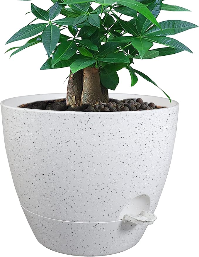 12 inch Large Self Watering Pots, Plastic Planters with 60oZ Removable Deep Reservoir and Multi Mesh Drainage Holes for Indoor Outdoor Garden Plants and Flowers, White Speckles