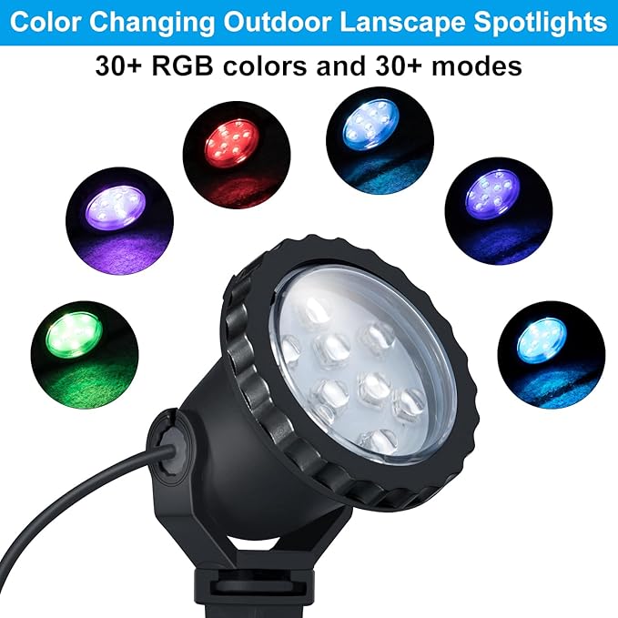 Spotlights Outdoor, RGB Color Changing Landscape Lights 12W 800lm 120V Plug in LED Spot Lights with Remote, IP66 Waterproof Outdoor Lights for Tree Yard House Flag Garden, 46.5ft Cord, 4 Pack