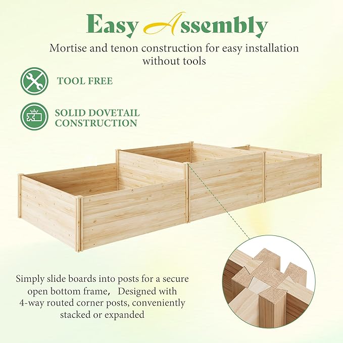 AMERLIFE 2 Tier Raised Garden Bed, Mortise & Tenon Structure 23 Inch Depth Fir Wood Planter Box, 3-Section with Open Base, Ideal for Vegetables, Flowers, Herbs in Backyard/Garden/Patio, 142x49x24 in