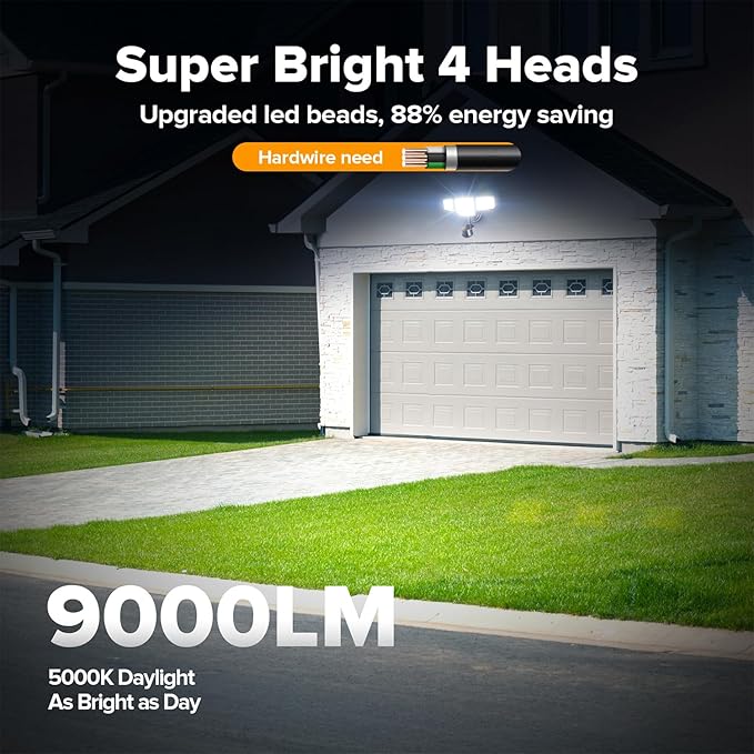 LUTEC 80W 9000LM LED Security Lights Hardwire Motion Sensor Outdoor Lights, 4 Head LED Flood Light Outdoor 5000K Daylight, IP65 Waterproof, Motion Detected Light for Outside, Garage, Yard (Brown)
