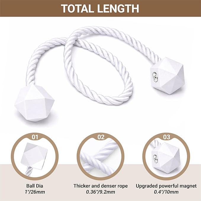 Hion Magnetic Curtain Tiebacks White 6 Pack, Curtain Tiebacks Buckles Holdbacks Holders Hooks Clip for Home Bedroom Office Decorative Thick or Thin Curtain