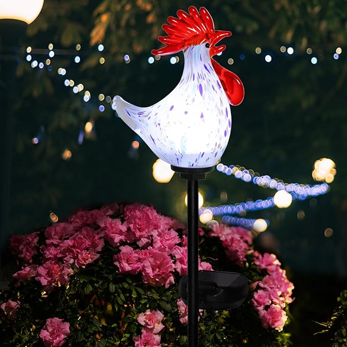Afirst Decorative Solar Lights Outdoor Solar Rooster Stake Lights Hand Blown Glass Decorative Garden Pathway Lights Outdoor Waterproof Glass Stakes