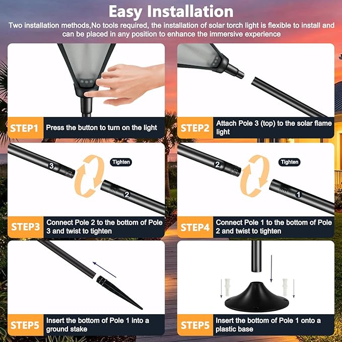 Upgraded Extra-Tall Solar Lights Outdoor, 2 Pack Flickering Flame Solar Torch Lights with 61"Tall & Super Larger Size, Solar Flame Lights Waterproof Tiki Torches for Outside Garden Patio Yard Pathway