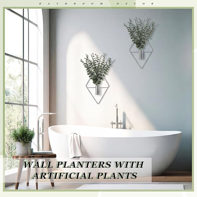Jexine 4 Pcs Hanging Planters with Artificial Eucalyptus Metal Hanging Vase Indoor Plants Holder Modern Geometric Boho Bathroom Wall Decor for Living Room Home Office (Eucalyptus,Silver)