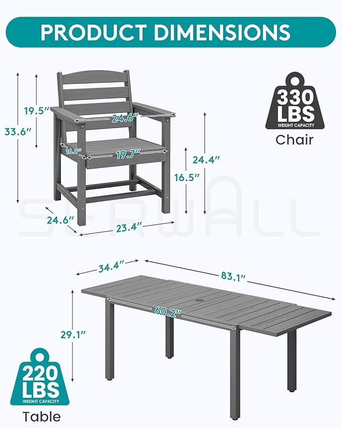 SERWALL Outdoor Expandable Dining Table 60" - 83", Patio Dining Table for 4-10 People, All Weather HDPE and Aluminum Outdoor Furniture for Backyard, Garden, Grey