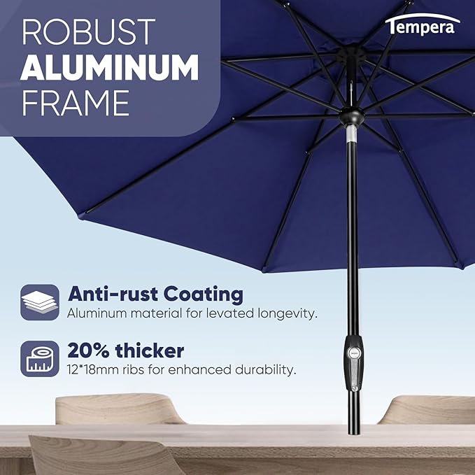 Tempera Patio Market Outdoor Table Umbrella with Auto Tilt and Crank, Large Sun Umbrella with Sturdy Pole & Fade Resistant Canopy, Easy to Set