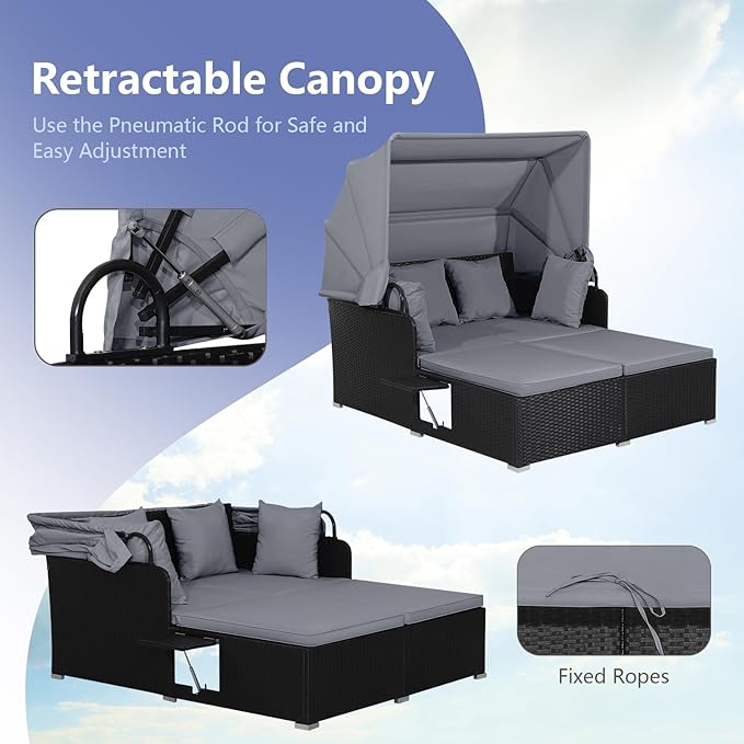 COSTWAY Outdoor Daybed with Retractable Canopy, Wicker Patio Furniture Set with Cushioned Pillows, Patio Rattan Daybed for Deck, Backyard, Poolside (Grey)