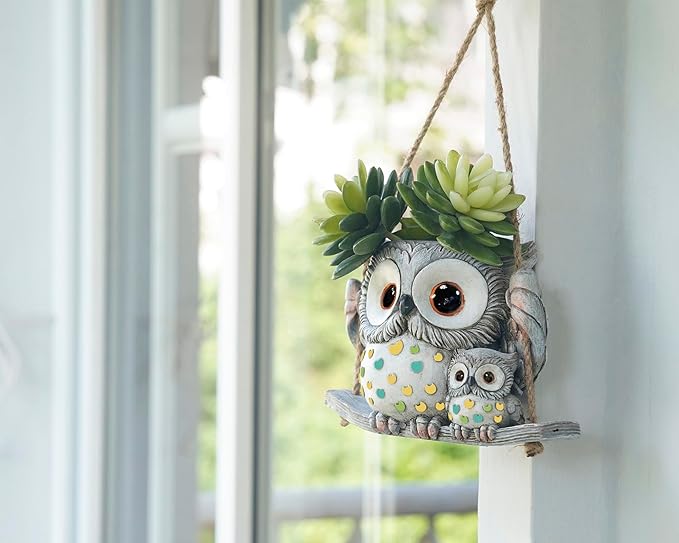 Swing Owl Hanging Planters for Indoor Plants, Cute Small Succulent Pots with Drainage Hole, Unique Resin Plant Hangers Outdoor, Hanging Plant Holder for String Of Pearls, Gift Ideas for Mother