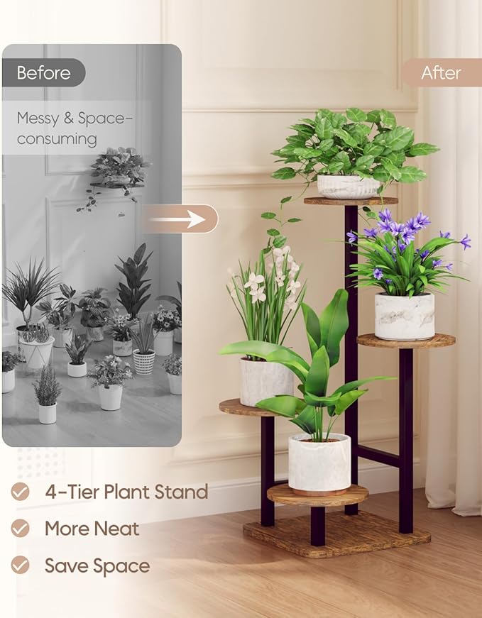 Plant Stand Indoor - 4 Tiered Indoor Plant Stand, Metal Plant Shelf Plant Holder, Ideal for Living Room, Garden, Patio, Balcony (Black Brown)