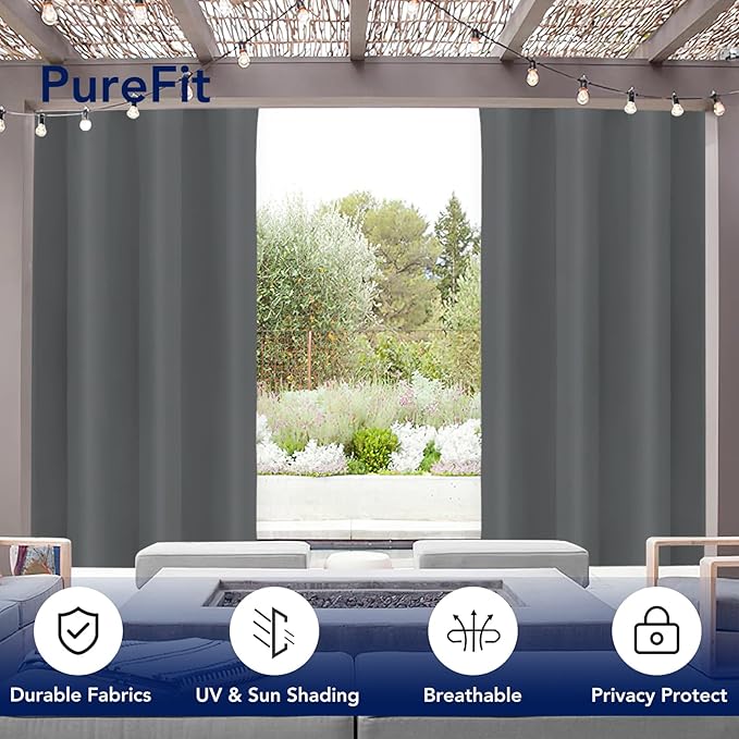 PureFit Outdoor Curtains for Patio Waterproof Weatherproof, UV Resistant Outside Curtains for Gazebo, Front Porch, Pergola, Light Filtering Privacy Curtain, 52W x 84L inch, 1 Panel, Gray