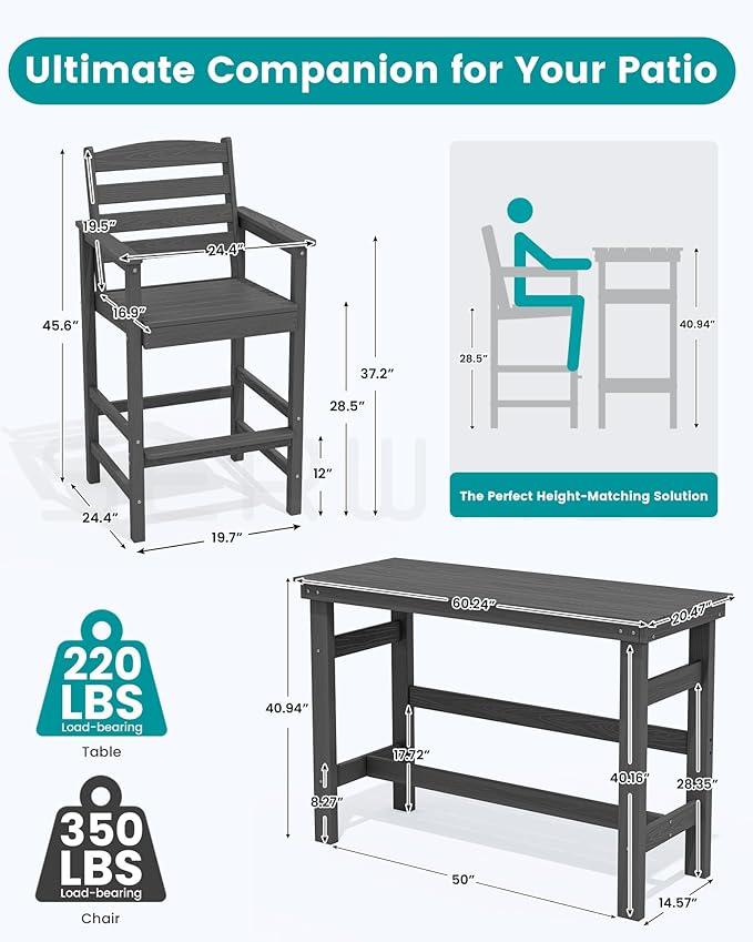 SERWALL Outdoor Bar Table and Chairs Set, Adirondack Bar Chairs Set of 2 and Bar Height Table, All Weather HDPE Patio Bar Set, Outdoor Furniture for Outside, Grey