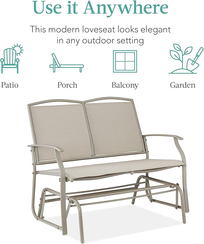 Best Choice Products 2-Person Outdoor Patio Swing Glider Steel Bench Loveseat Rocker for Deck, Porch w/Textilene Fabric, Steel Frame - Taupe