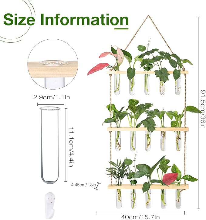 XXXFLOWER Wall Hanging Propagation Station with Wooden Stand 5 Glass Test Tubes 3 Tiers Planters Wall Terrarium for Home Office Plant Hanger Flower Vases Wall Decor Hydroponic Cuttings