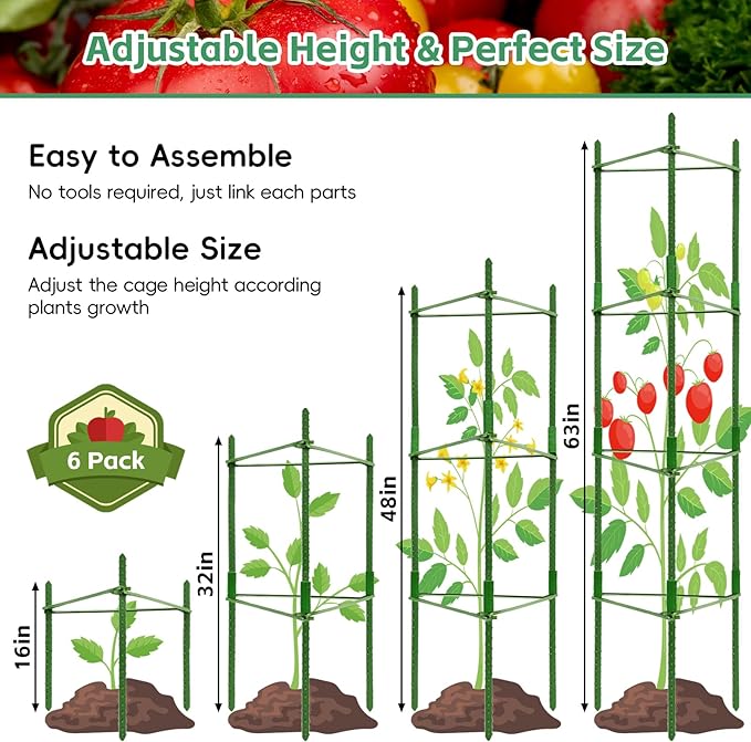 Riare 6 Pack 4 FT Tomato Cages for Garden- 48inches Heavy Duty Garden Stakes, Adjustable Tall Tomato Plant Support Tomato Trellis Cage for Pots, Raised Garden Bed, Climbing Vegetables Plants Flowers