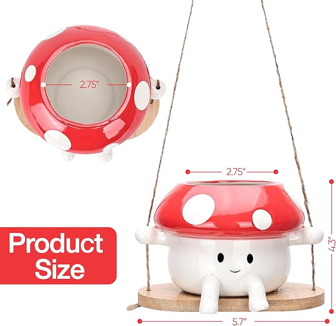 Fungi Fun Mushroom Hanging Planter Pot, Cute Ceramic Swing Face Planter for Indoor & Outdoor, Unique Mushroom Planters for Succulents, String of Pearls Plant, Small Hanging Planters Red & White