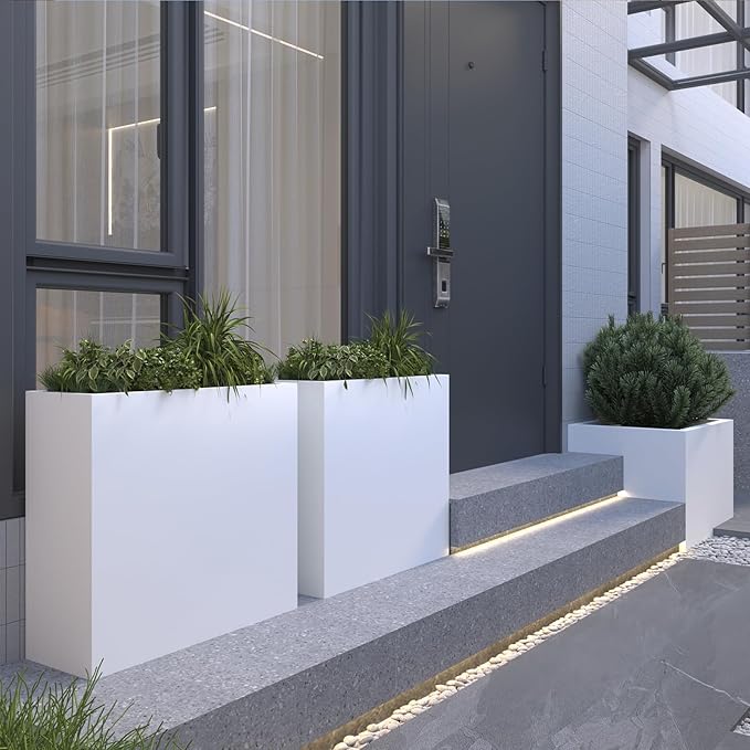White Metal Long Planter for Outdoor Plants 24" x 10" x 24" Metal Rectangular Outdoor Planter Box Spliced Flower Box with Partitions for Outside,Indoor,Garden (White, 24 * 10 * 24)