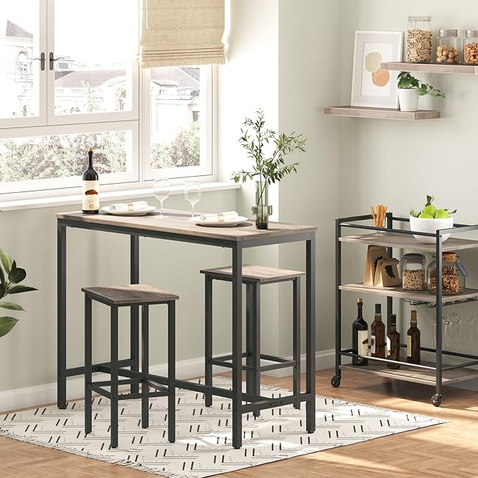 HOOBRO Bar Table and Chairs Set, 47.2” Rectangular Pub Table with 2 Stools for Small Space, High Top Table, 3-Piece Breakfast Set, Sturdy Metal Frame, Easy to Assemble, Greige BG52BT01
