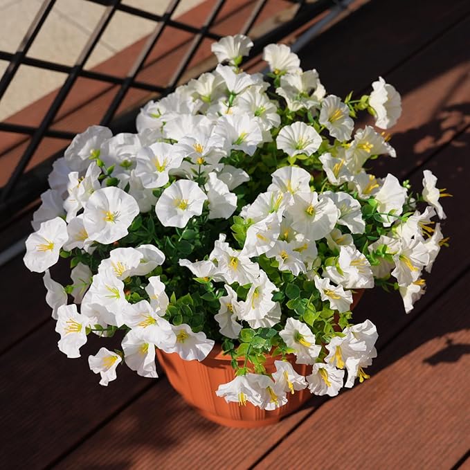 Artificial Flowers for Outdoors, UV Resistant Fake Silk Morning Glory, Realistic Faux Plants for Outside Porch Patio Window Box Hanging Planter (16, White)