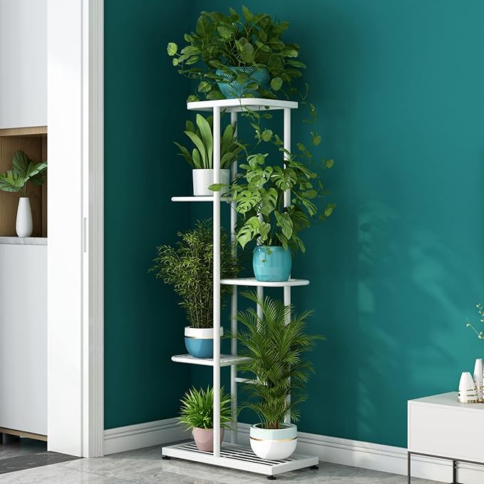LINZINAR Plant Stand Metal 5 Tier 6 Potted Multiple Flower Pot Holder Shelf Indoor Outdoor Planter Display Shelving Unit for Patio Garden Corner Balcony Living Room (5 Tier 6 Potted, White)