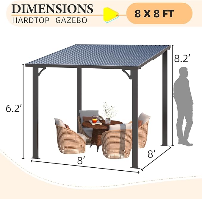 AECOJOY 8x8 Hardtop Gazebo Outdoor Pergola, Small Heavy Duty Lean to Metal Pergolas and Gazebos Clearance, Wall-Mounted Grill Gazebo Galvanized Steel Patio Roof Awnings for Patio, Decks