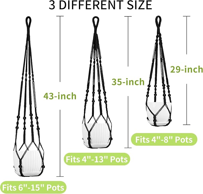 Macrame Plant Hanger - Fits 4 to 15 inches Pots for Indoor Outdoor, 43"/35"/29" Different Sizes Set, Black (POTS NOT Included)